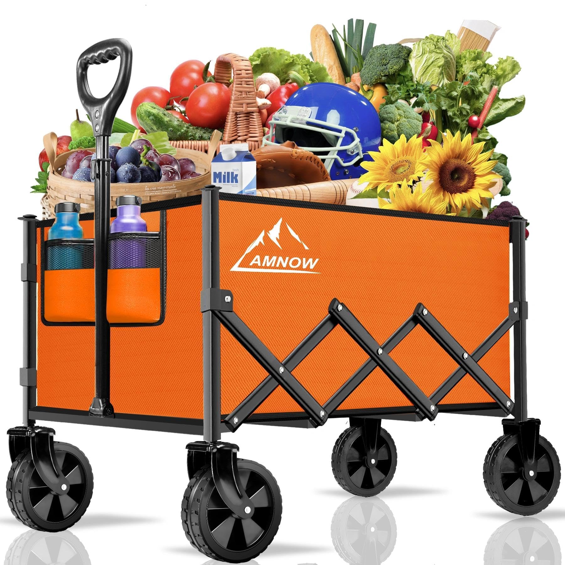 AMNOW carrito frontal naranja mostrando capacidad y estructura resistente
