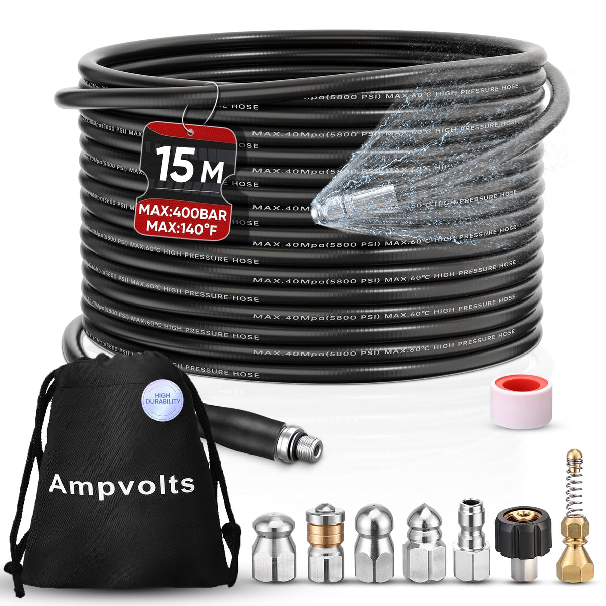 Ampvolts kit frontal mostrando manguera y boquillas para limpieza eficiente