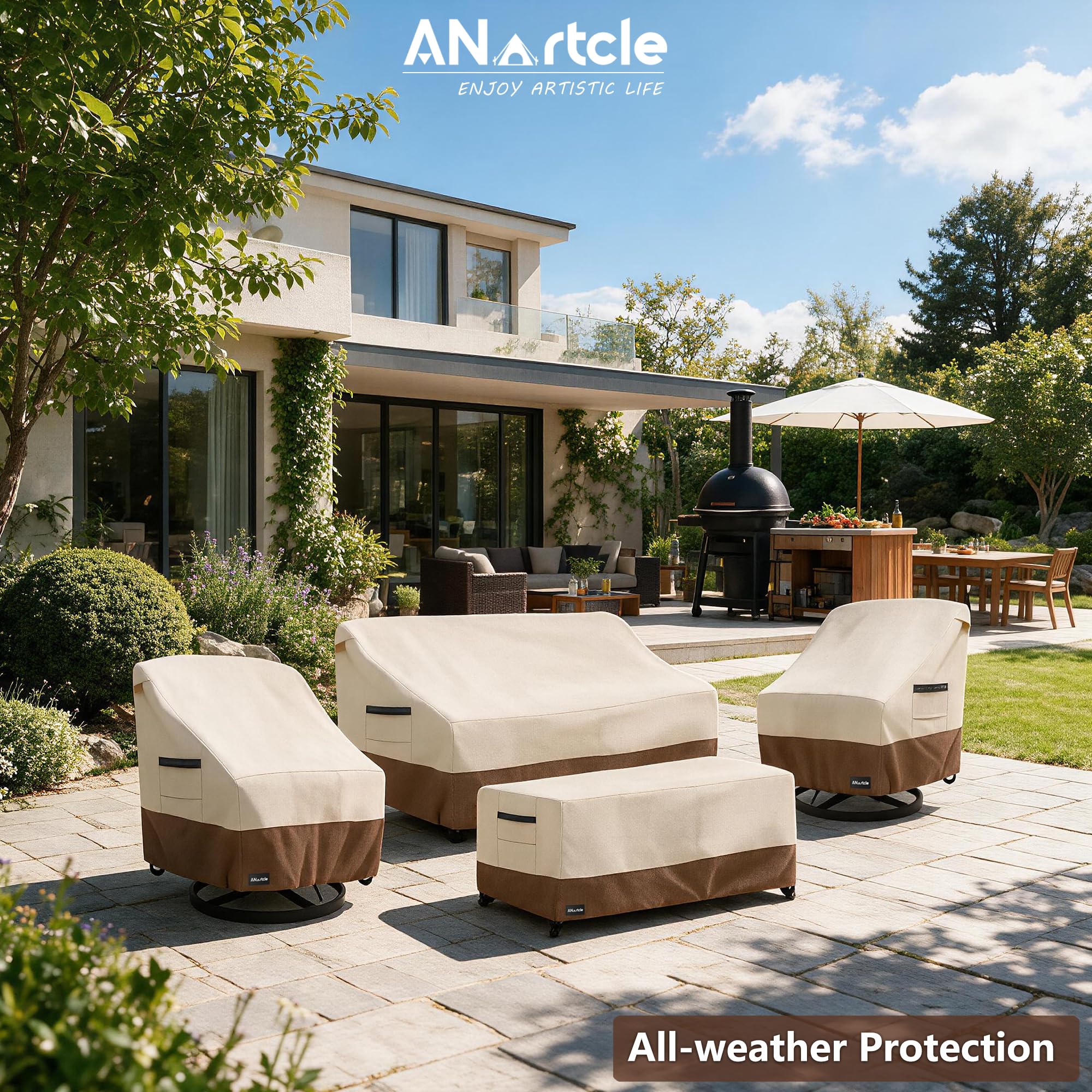 ANartcle fundas en terraza beige y marrón integrándose con mobiliario exterior