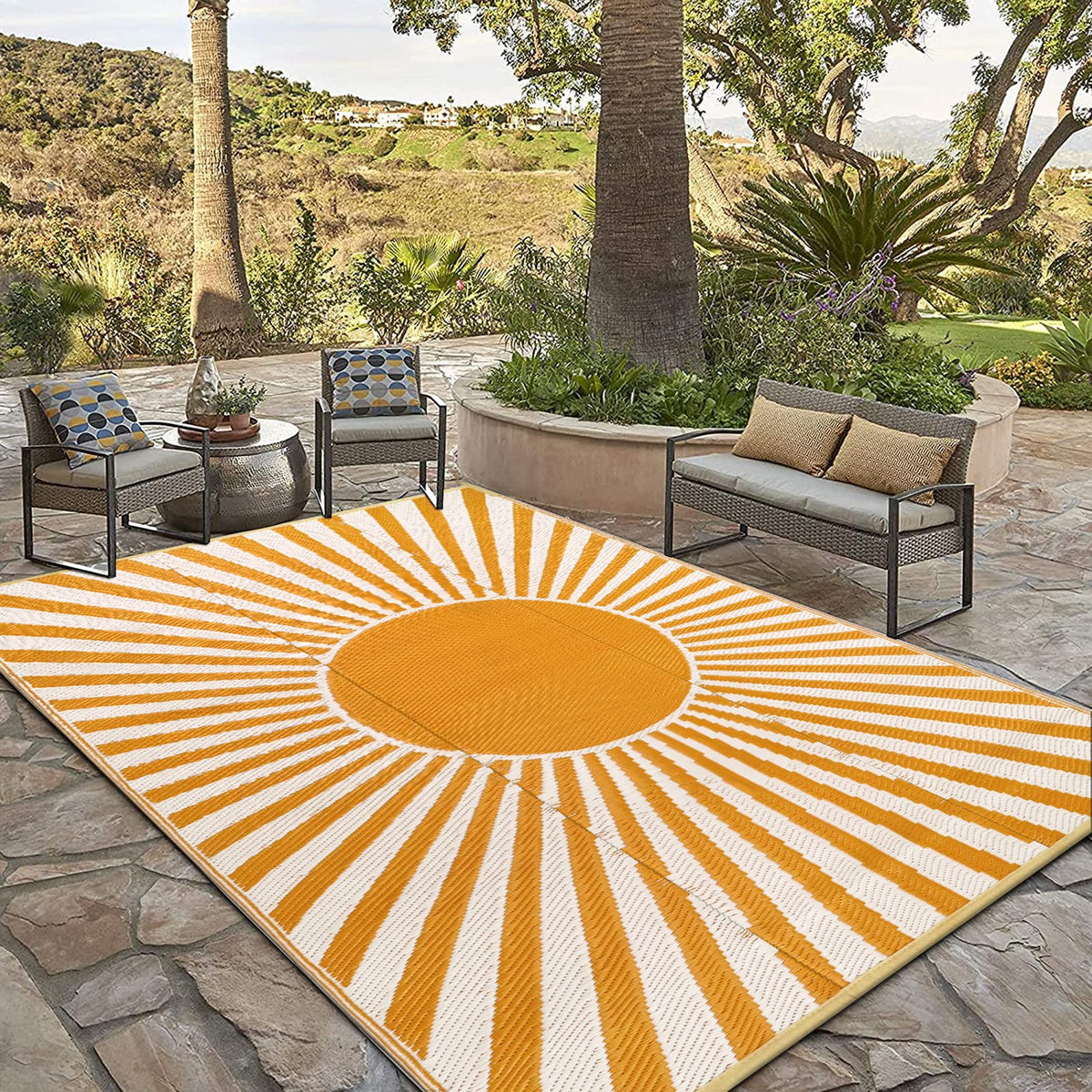 Anidaroel vista frontal de la alfombra naranja mostrando diseño reversible y durabilidad