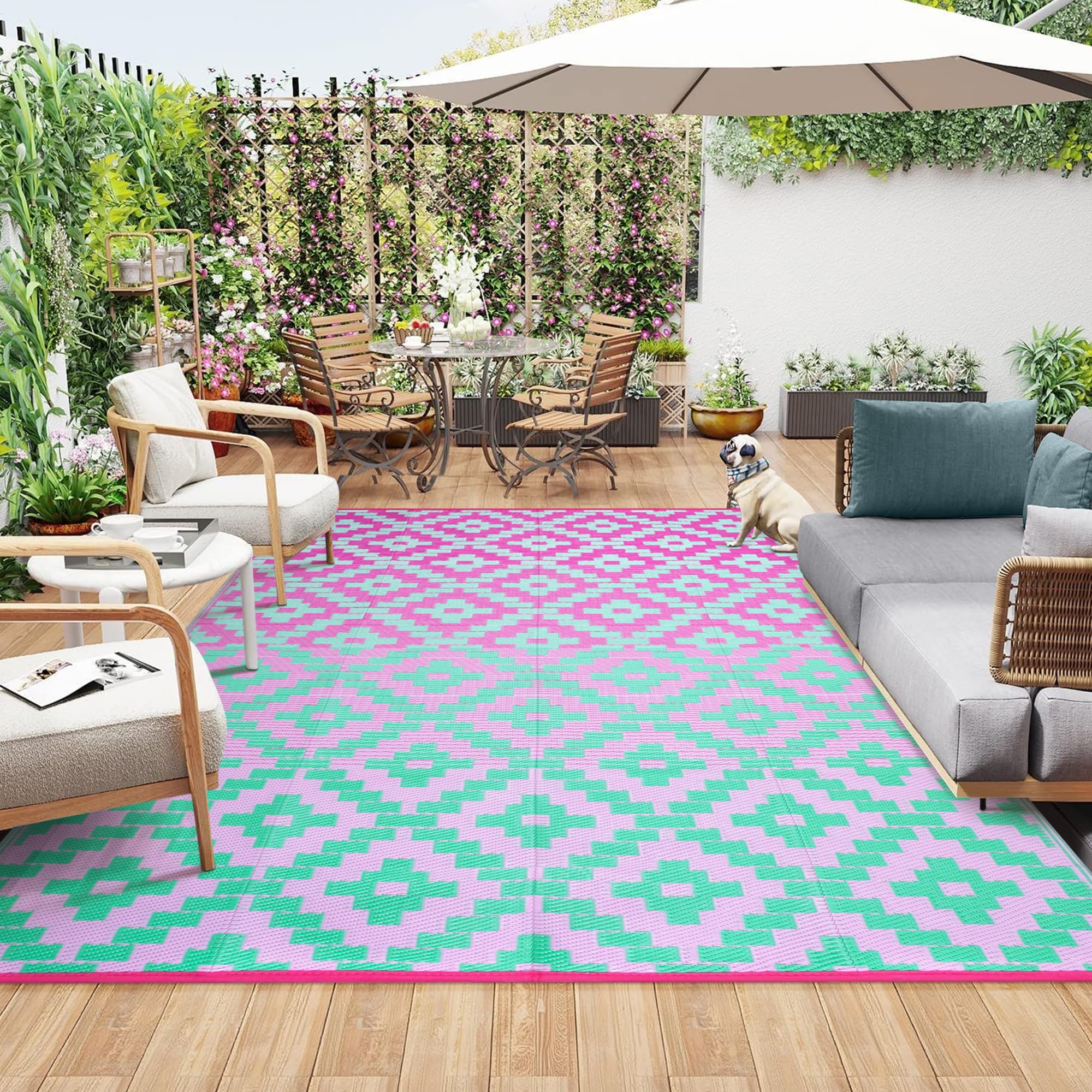 Anidaroel alfombra frontal ombre 6x9 color verde rosa, resistente al agua