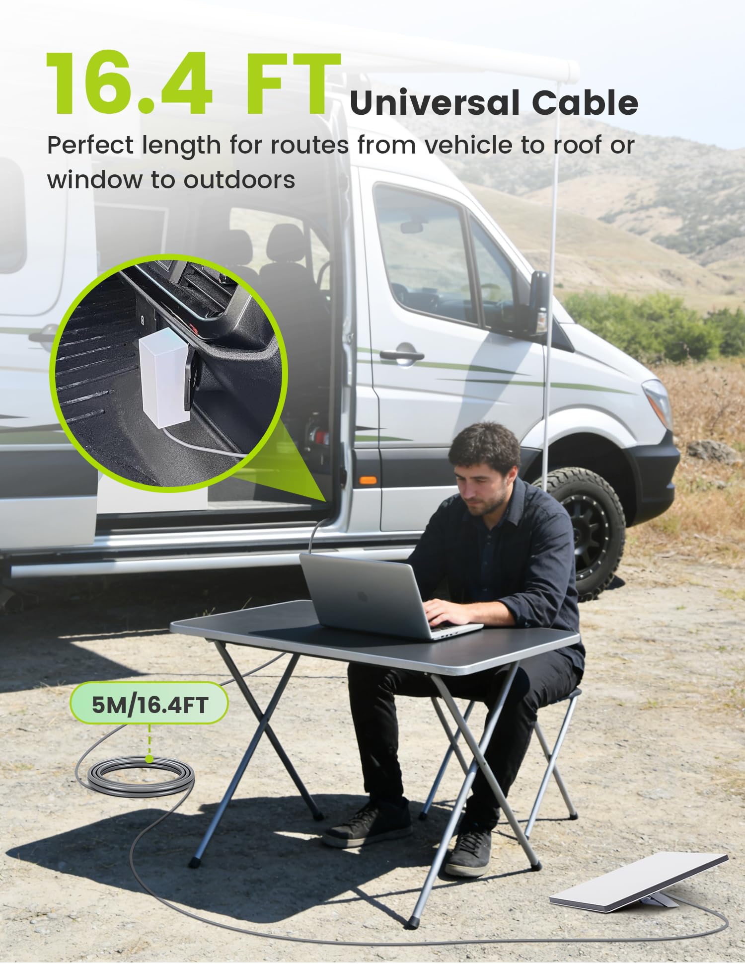 Anina cable conectado a Starlink Mini en camping, mantiene internet