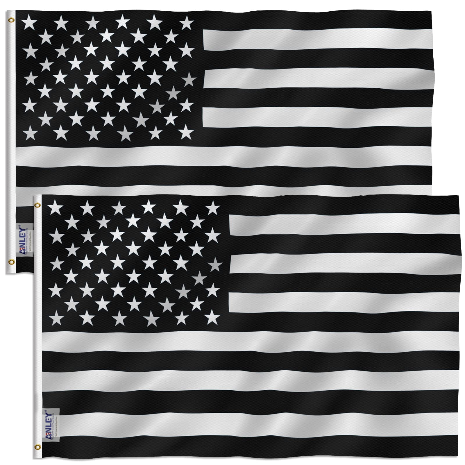 ANLEY bandera frontal 3x5 muestra diseño blanco y negro y buena visibilidad