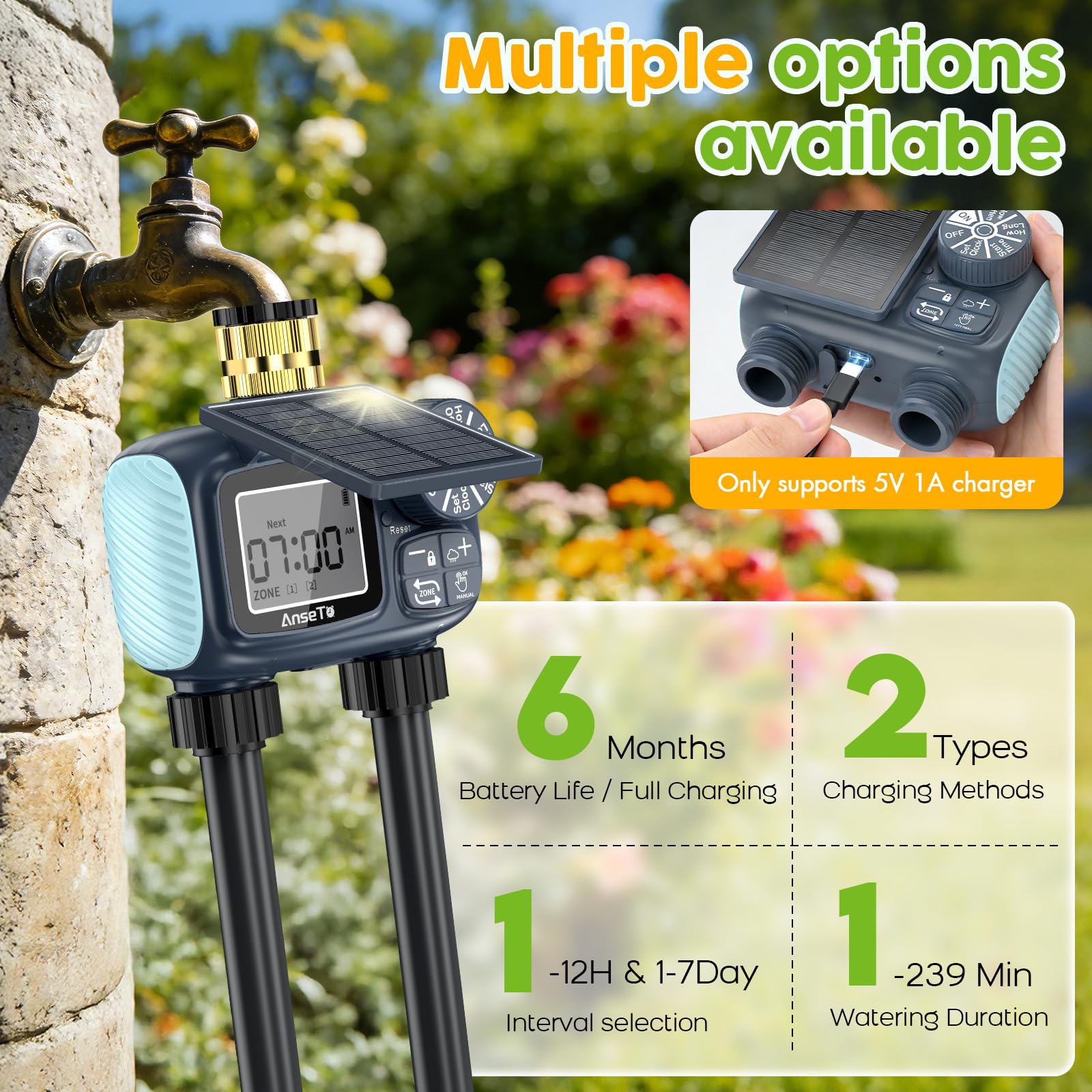 AnseTo temporizador operando entre plantas, ahorro y riego automático