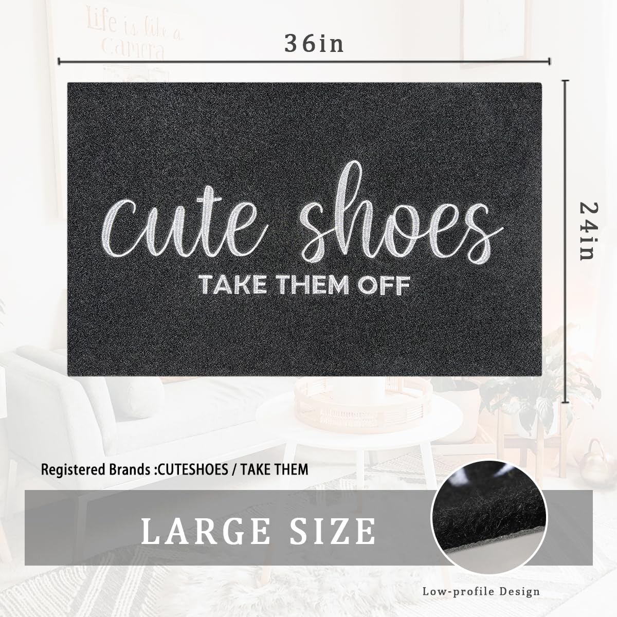 AOAOPQ detalle del bordado "Cute Shoes TAKE THEM OFF" que decora la entrada