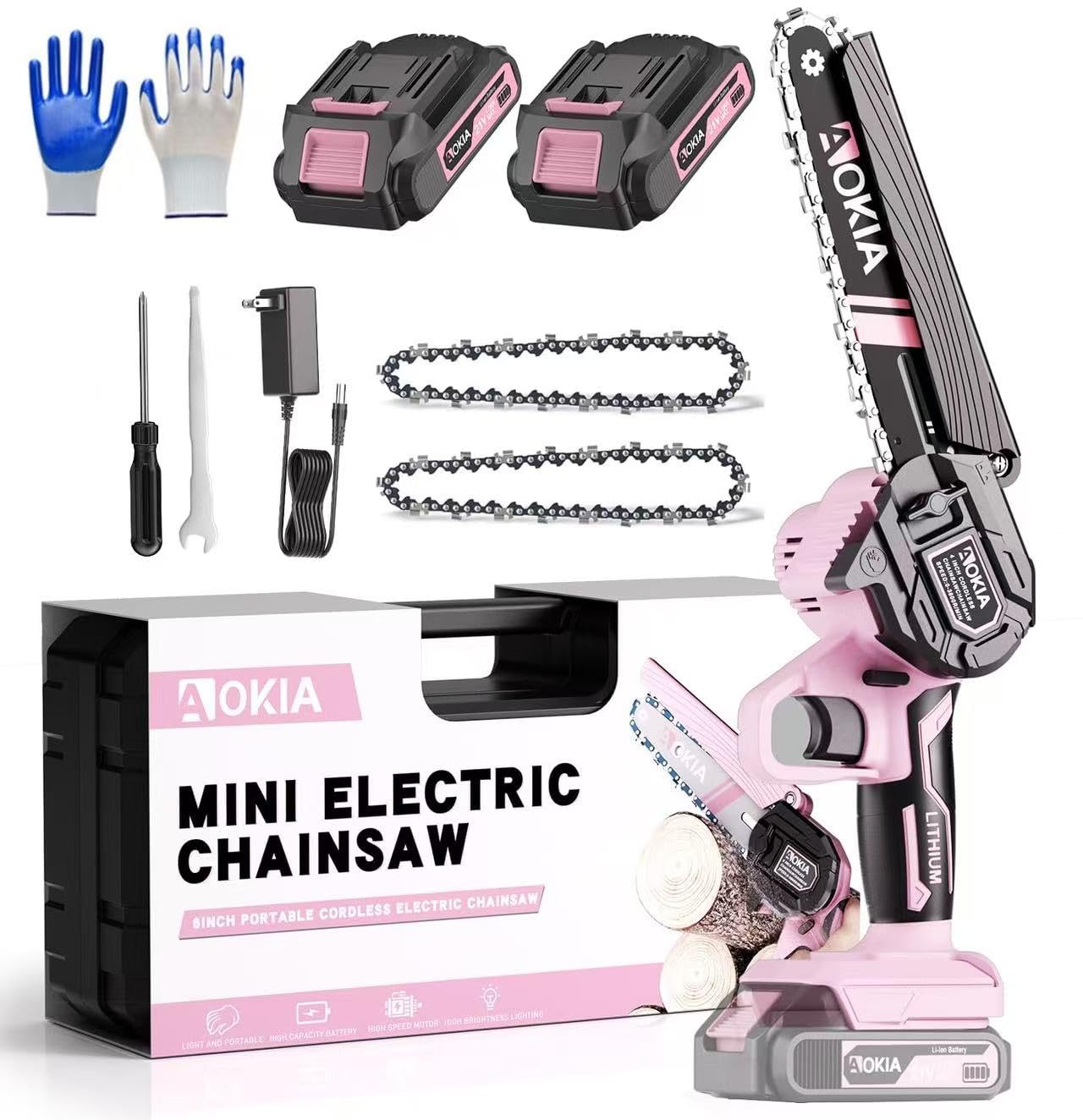 Aokia motosierra mini frente y empaque mostrando kit completo y beneficio de lista inmediata