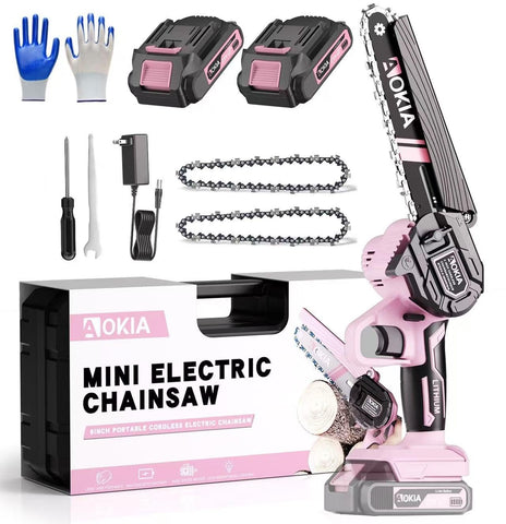 Aokia motosierra mini frente y empaque mostrando kit completo y beneficio de lista inmediata