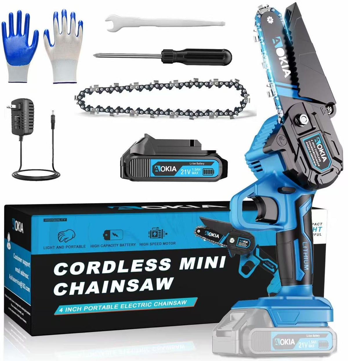 Aokia mini motosierra frente mostrando diseño compacto y control fácil