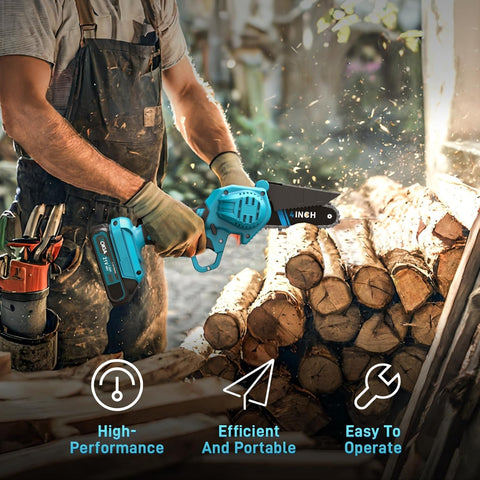 Aokia motosierra junto a regla para comparar tamaño y ligereza