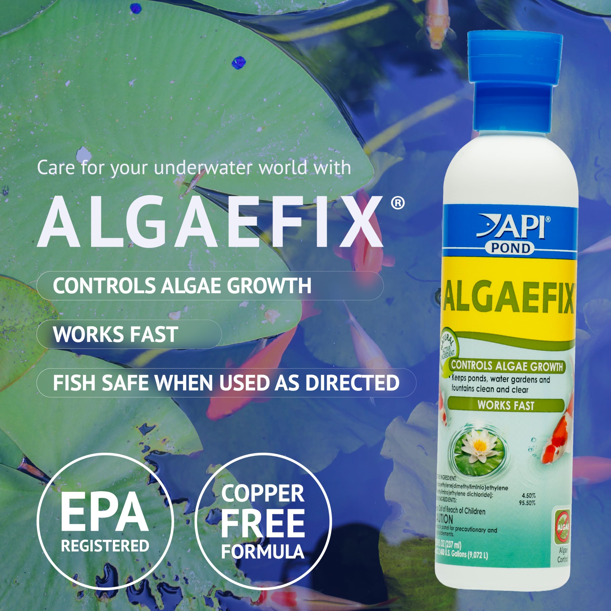 API POND ALGAEFIX etiqueta con instrucciones visibles y beneficios clave