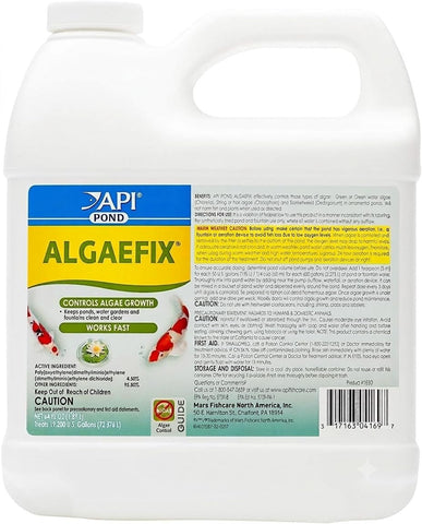 API botella frontal 64 oz mostrando etiqueta y capacidad para tratar estanques
