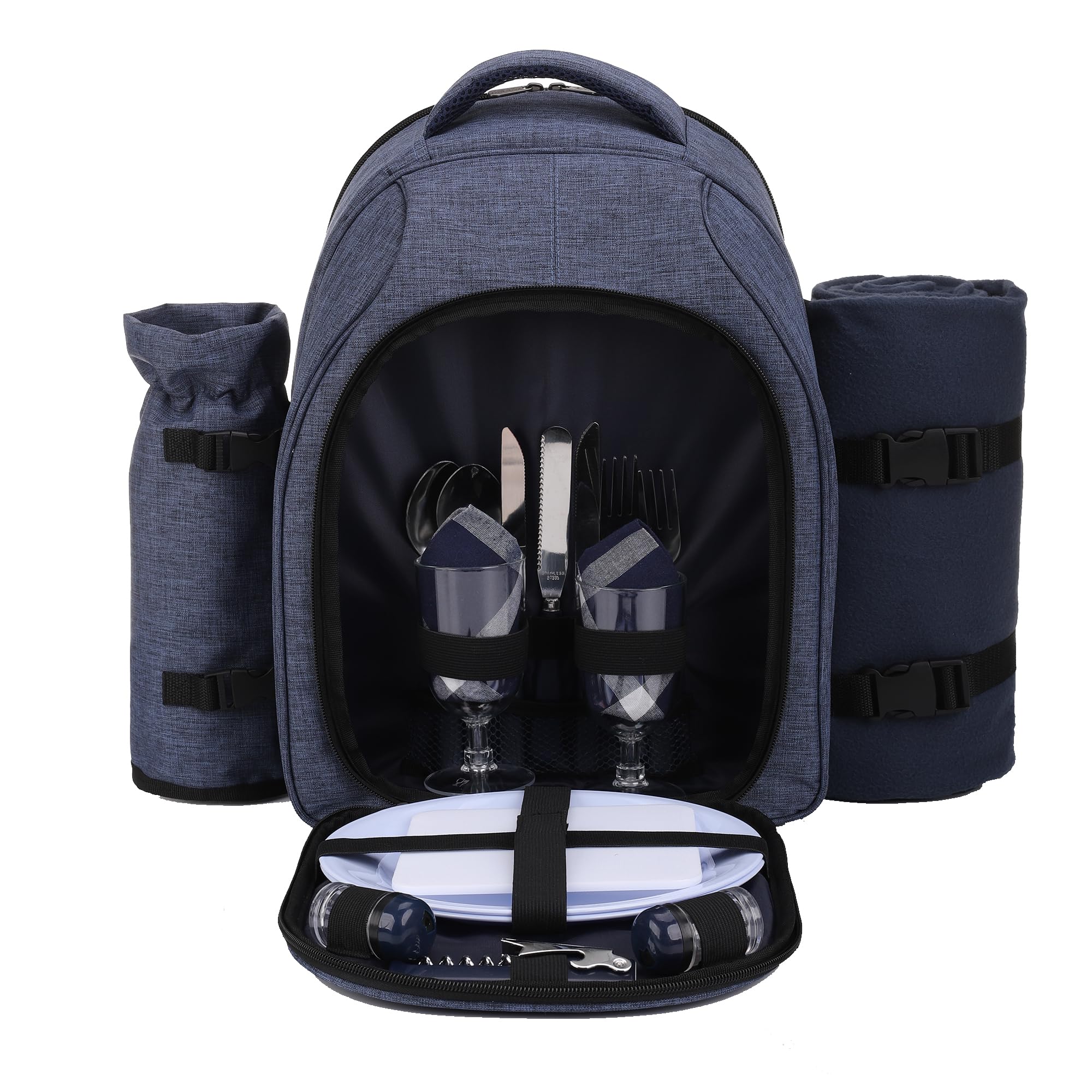 apollo walker vista frontal de la mochila picnic mostrando cierre y bolsillos, fácil transporte