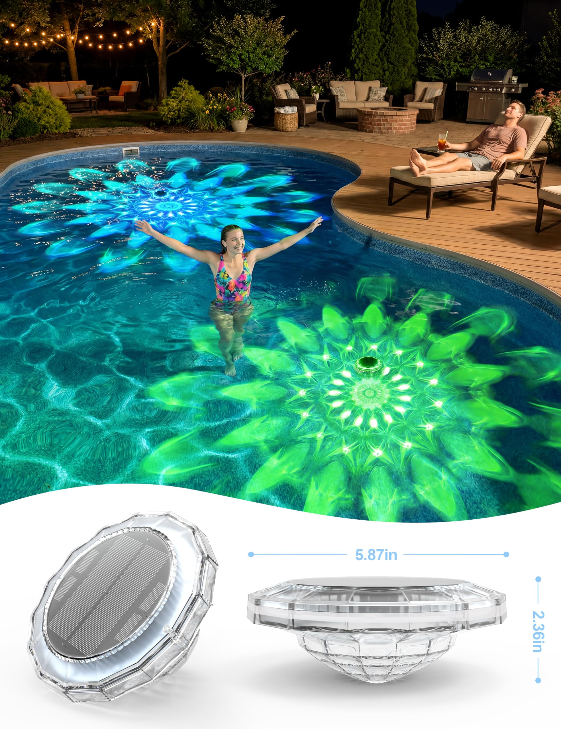 APONUO ambiente de jardín y piscina iluminada, atmósfera romántica