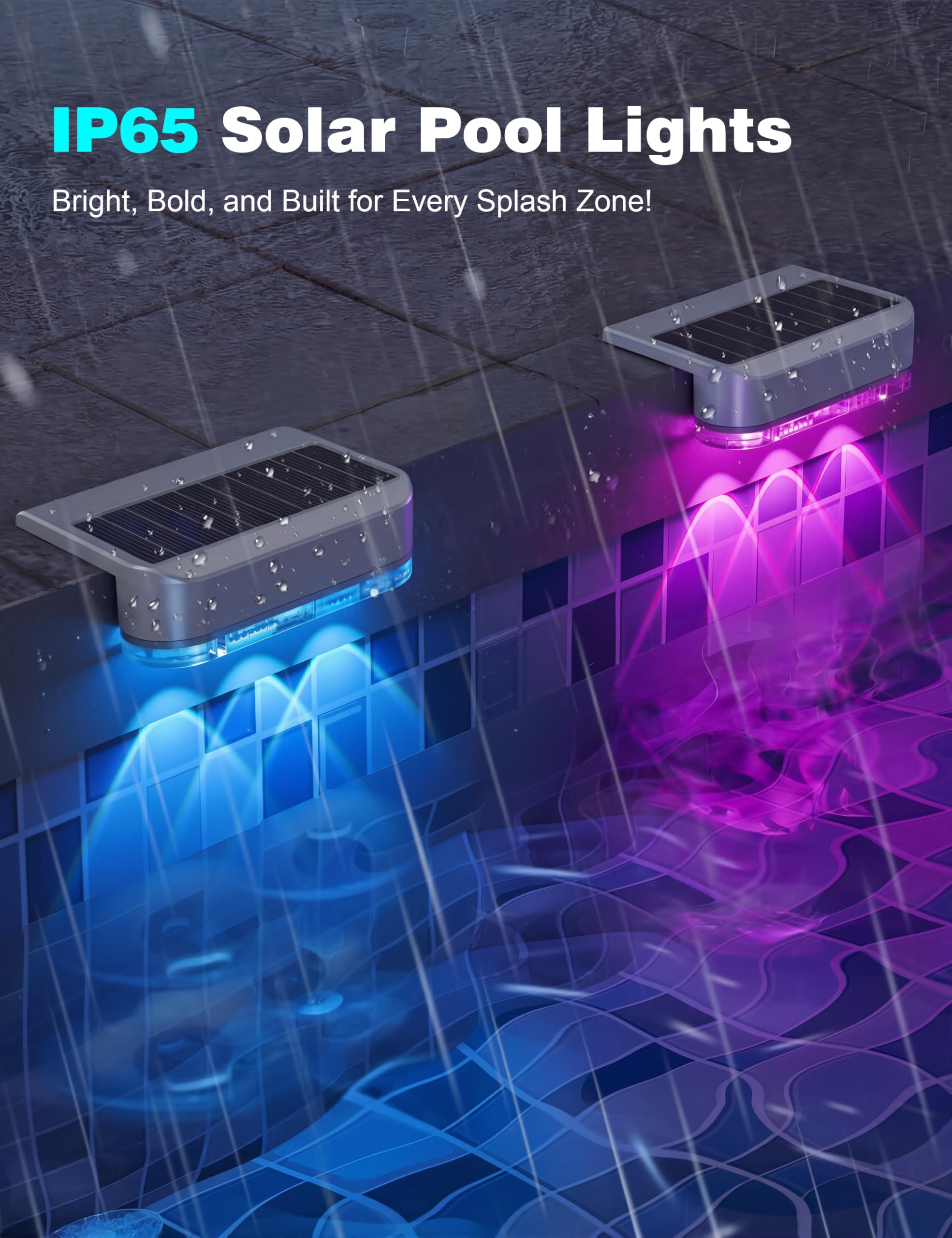 APONUO luces encendidas en piscina nocturna, ambiente festivo seguro
