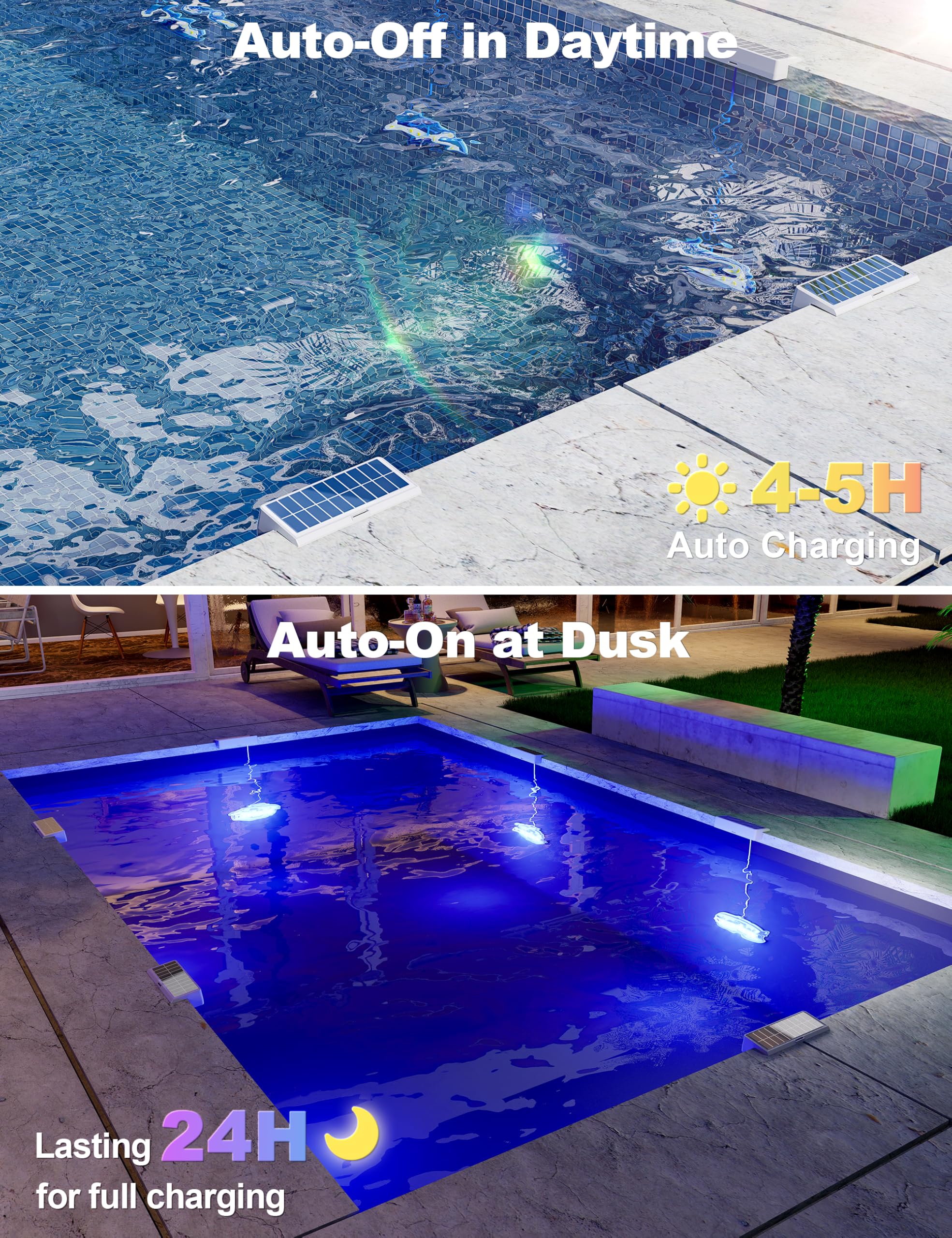 APONUO luz sumergida en piscina iluminando colores, crea ambiente nocturno