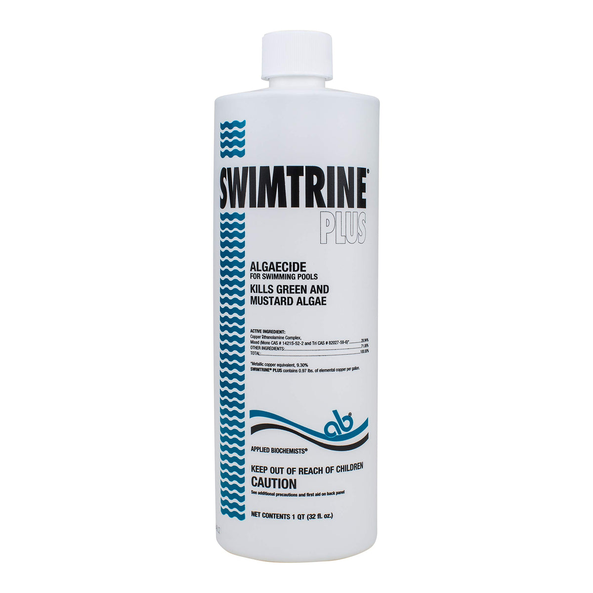 APPLIED BIOCHEMISTS envase frontal de Swimtrine Plus mostrando etiqueta y dosificación