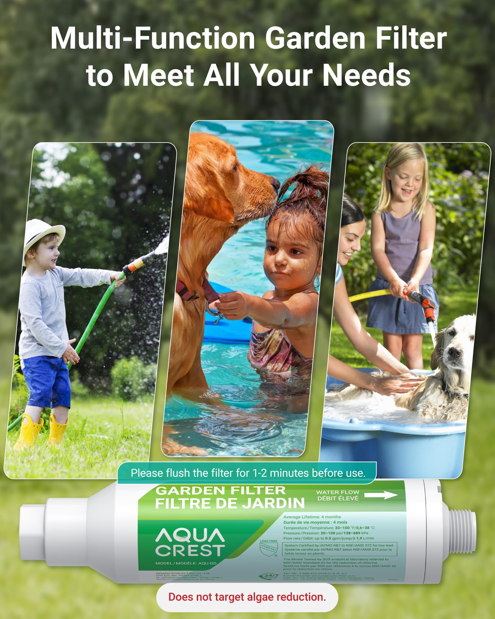 AQUA CREST producto en un jardín estilizado mostrando uso doméstico seguro