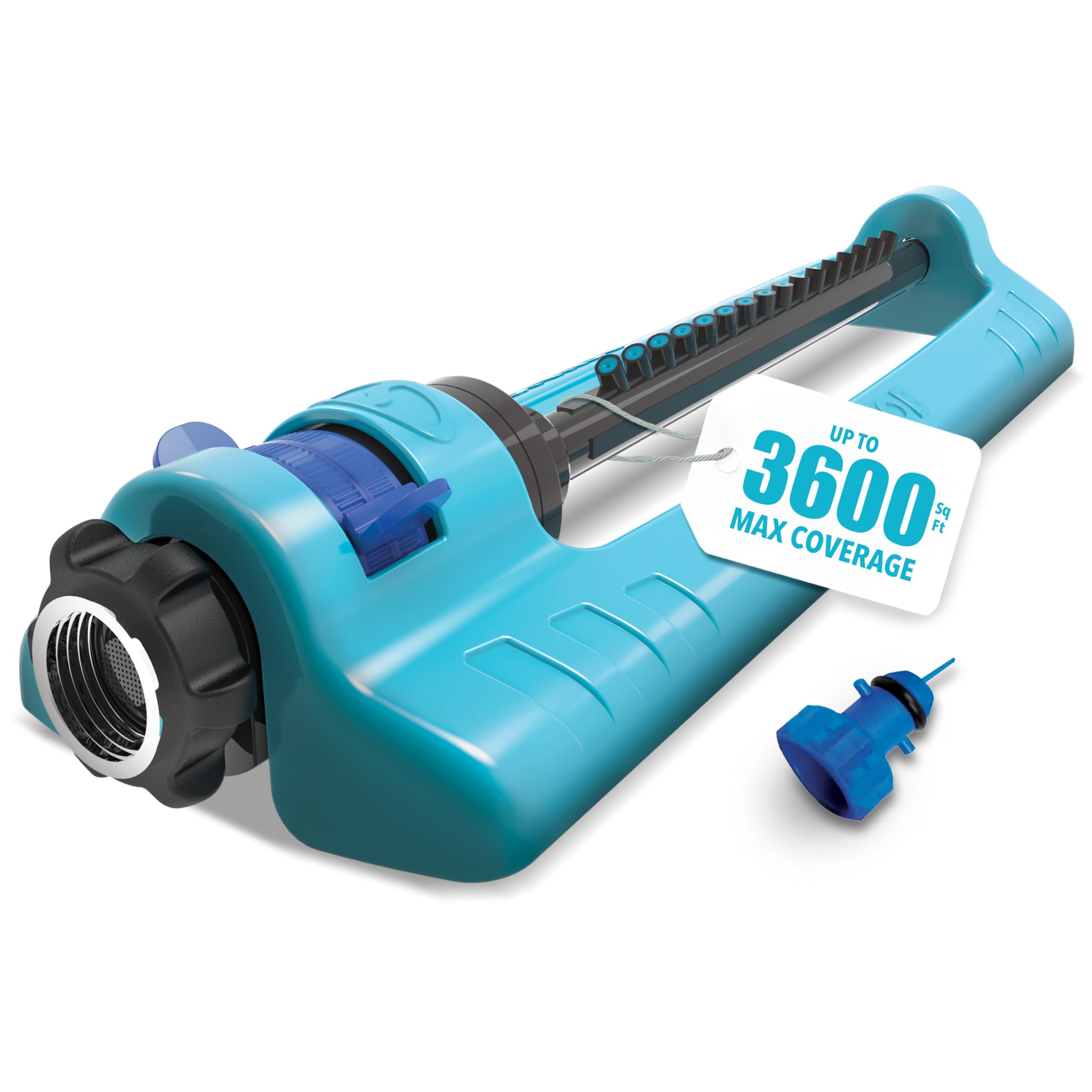 Aqua Joe vista frontal del aspersor con base metálica estable y duradera