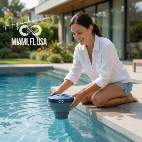 Aquabeacon comparación de tamaño mostrando capacidad para cinco tabletas
