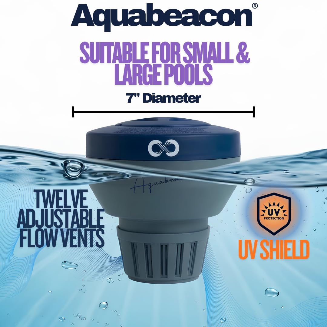Aquabeacon dispensador flotando en piscina demostrando distribución uniforme