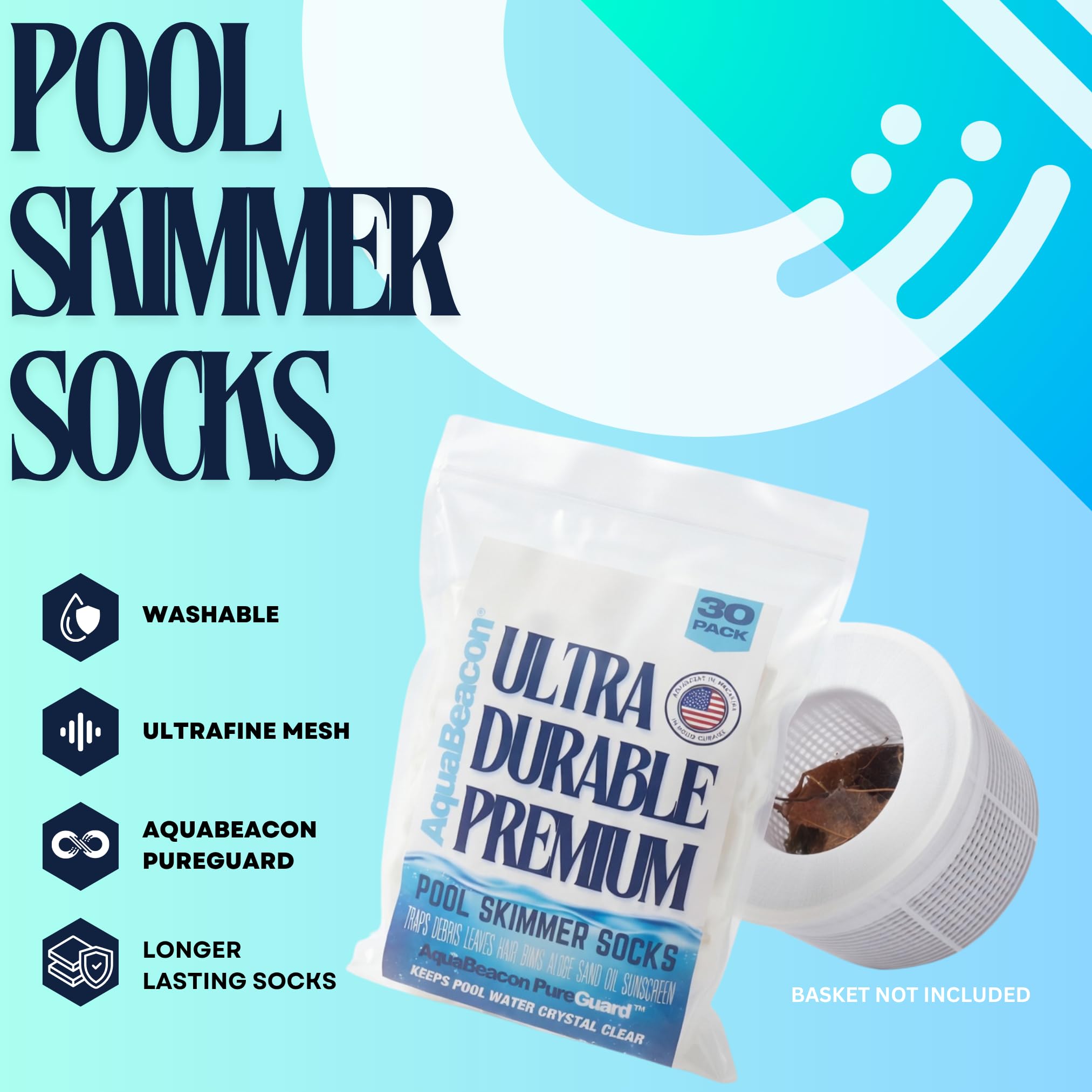 Aquabeacon funda colocada en canasta del skimmer facilitando limpieza
