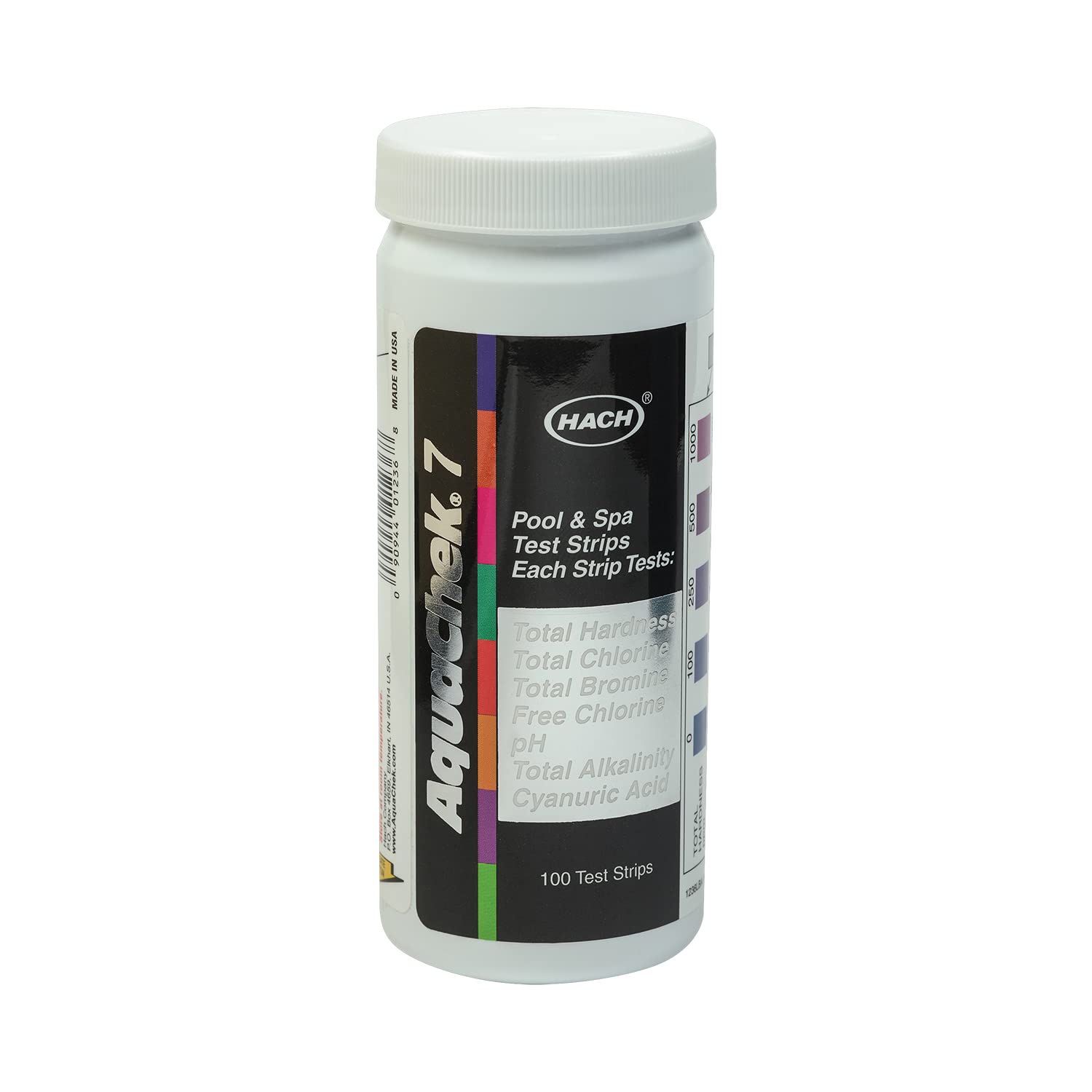 AquaChek frasco frontal mostrando 100 tiras para control rápido