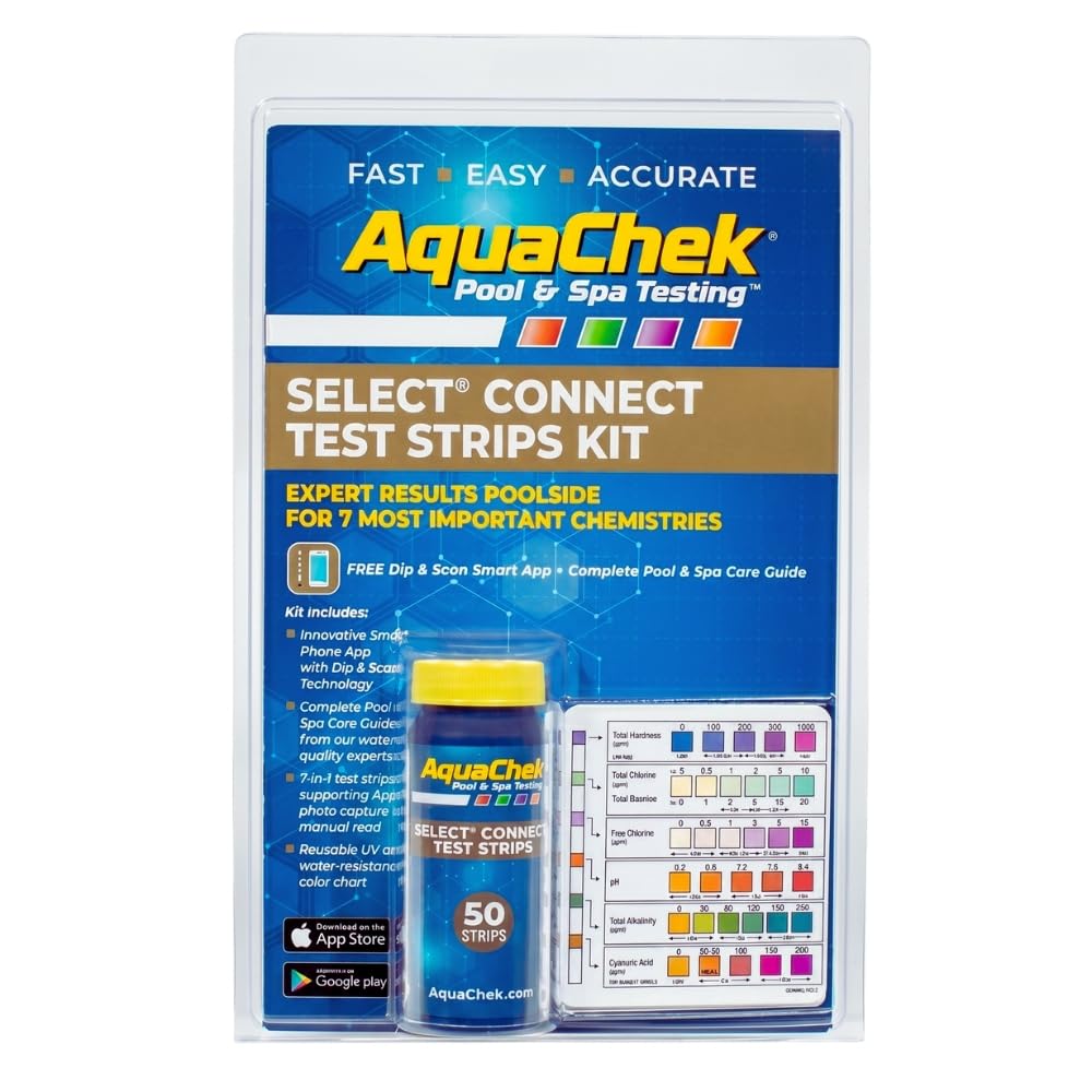 AquaChek empaque frontal mostrando kit de 50 tiras y beneficios claros