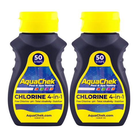 AquaChek envase frontal mostrando 50 tiras, conveniencia y frescura
