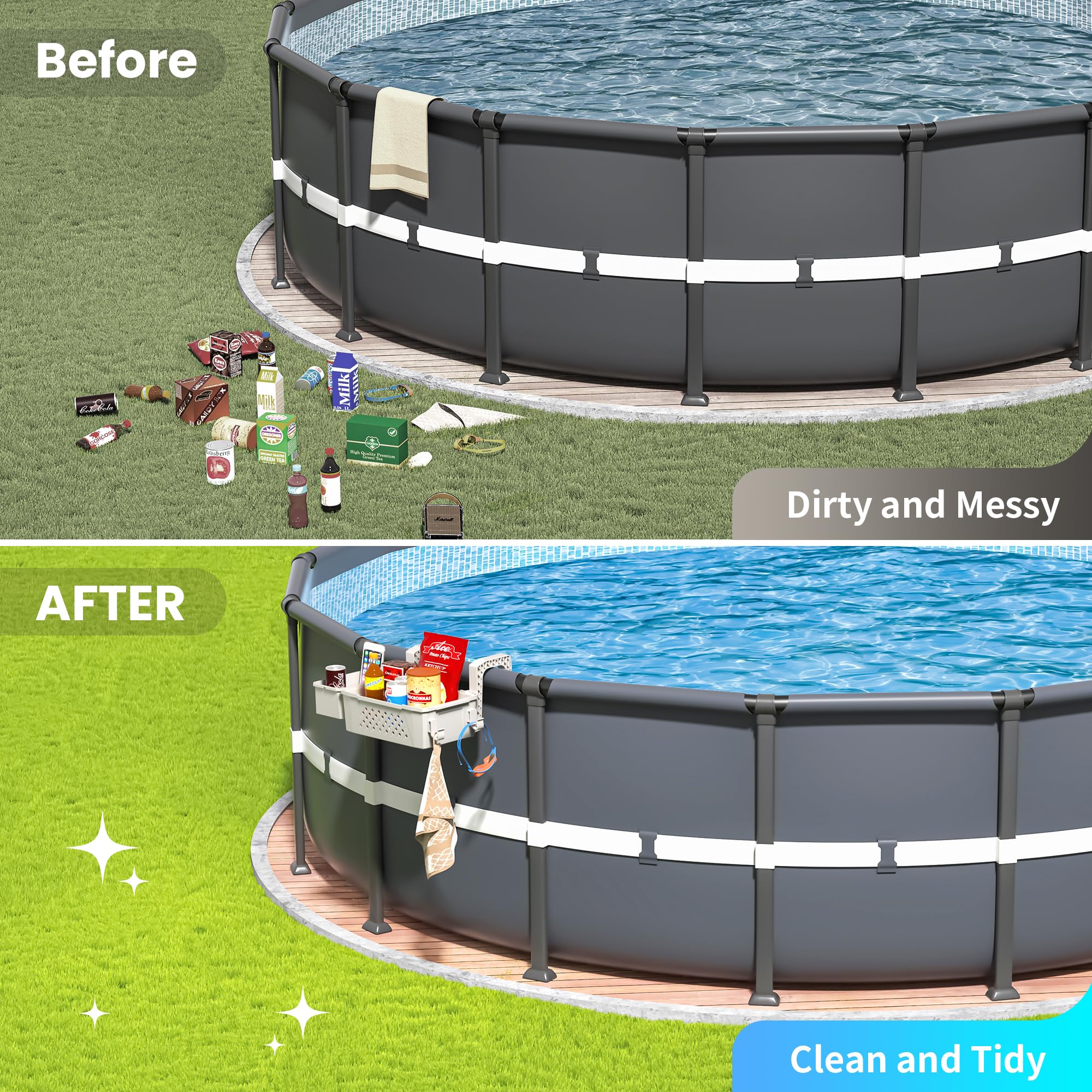 AquaJoyer cestas instaladas en piscina oval mostrando organización práctica