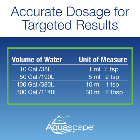 Aquascape etiqueta con instrucciones y volumen tratable visible