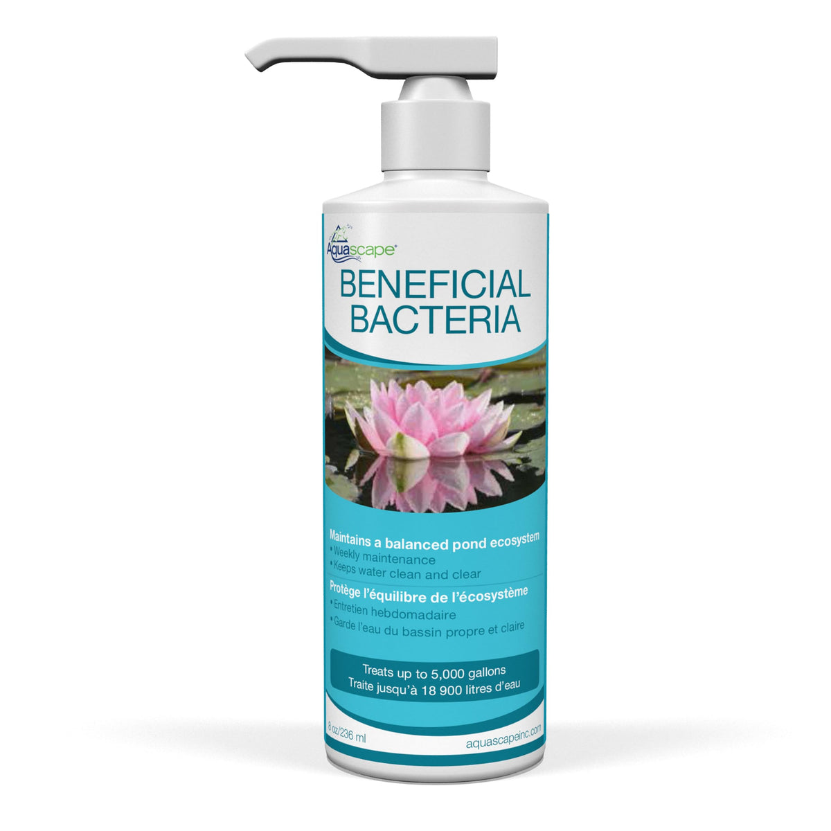 Aquascape envase frontal mostrando etiqueta y beneficio de agua clara