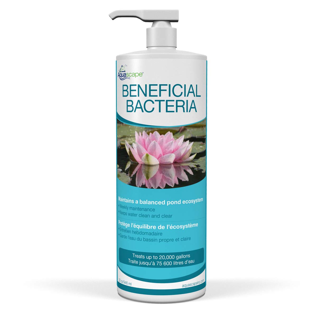 Aquascape frasco frontal 946 ml mostrando etiqueta y beneficios para claridad del agua