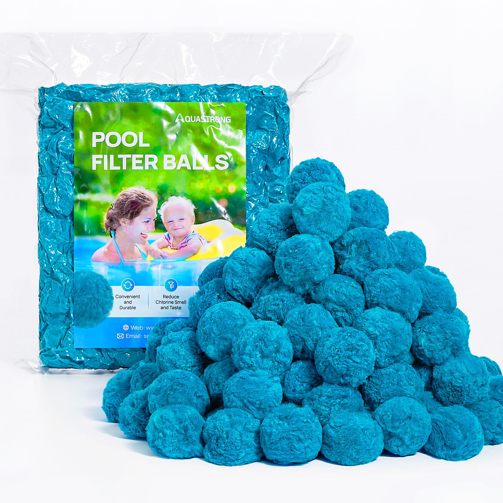 AQUASTRONG paquete frontal mostrando bolsas y marca, facilita instalación rápida