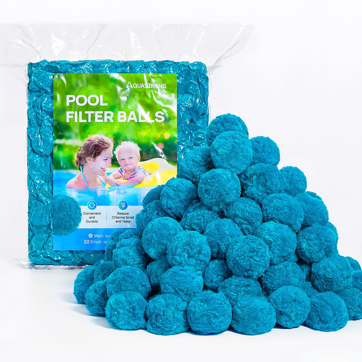 AQUASTRONG paquete frontal mostrando bolsas y marca, facilita instalación rápida