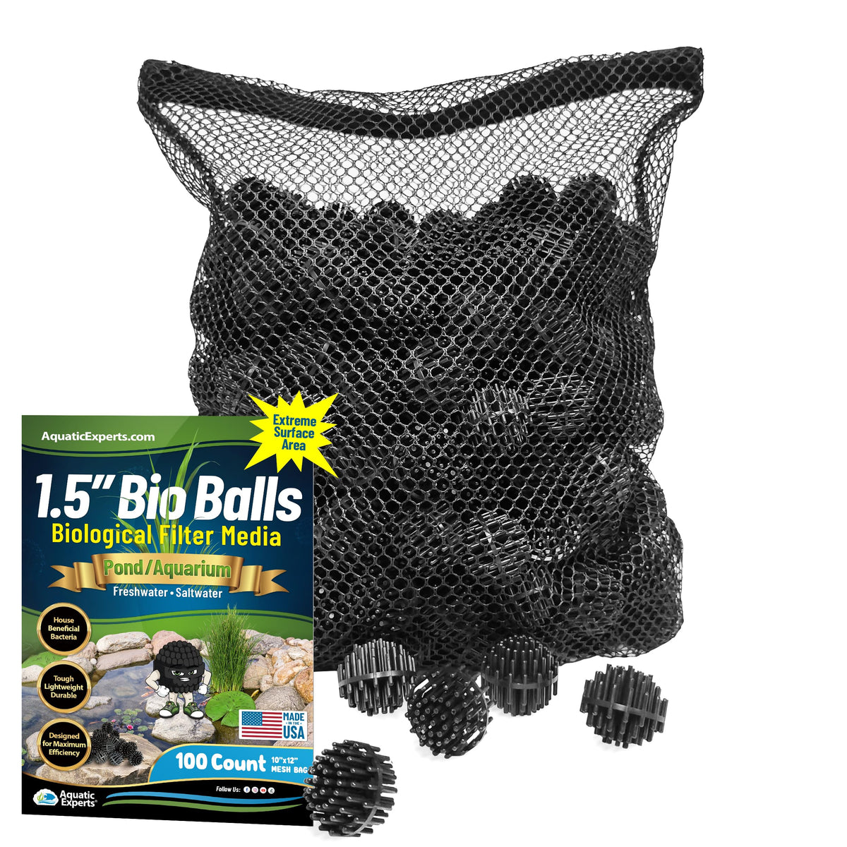 Aquatic Experts frente del paquete mostrando 100 bio balls y bolsa, fácil instalación
