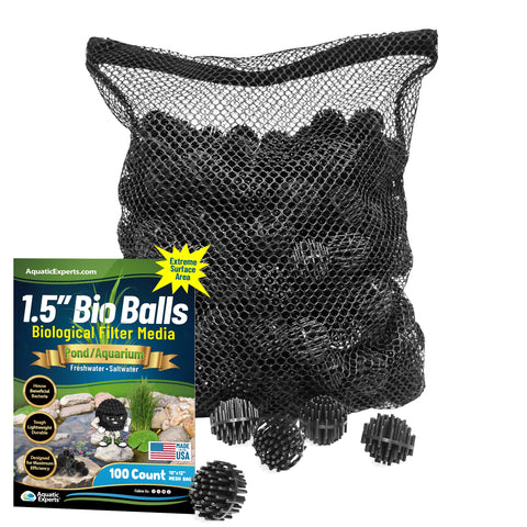 Aquatic Experts frente del paquete mostrando 100 bio balls y bolsa, fácil instalación