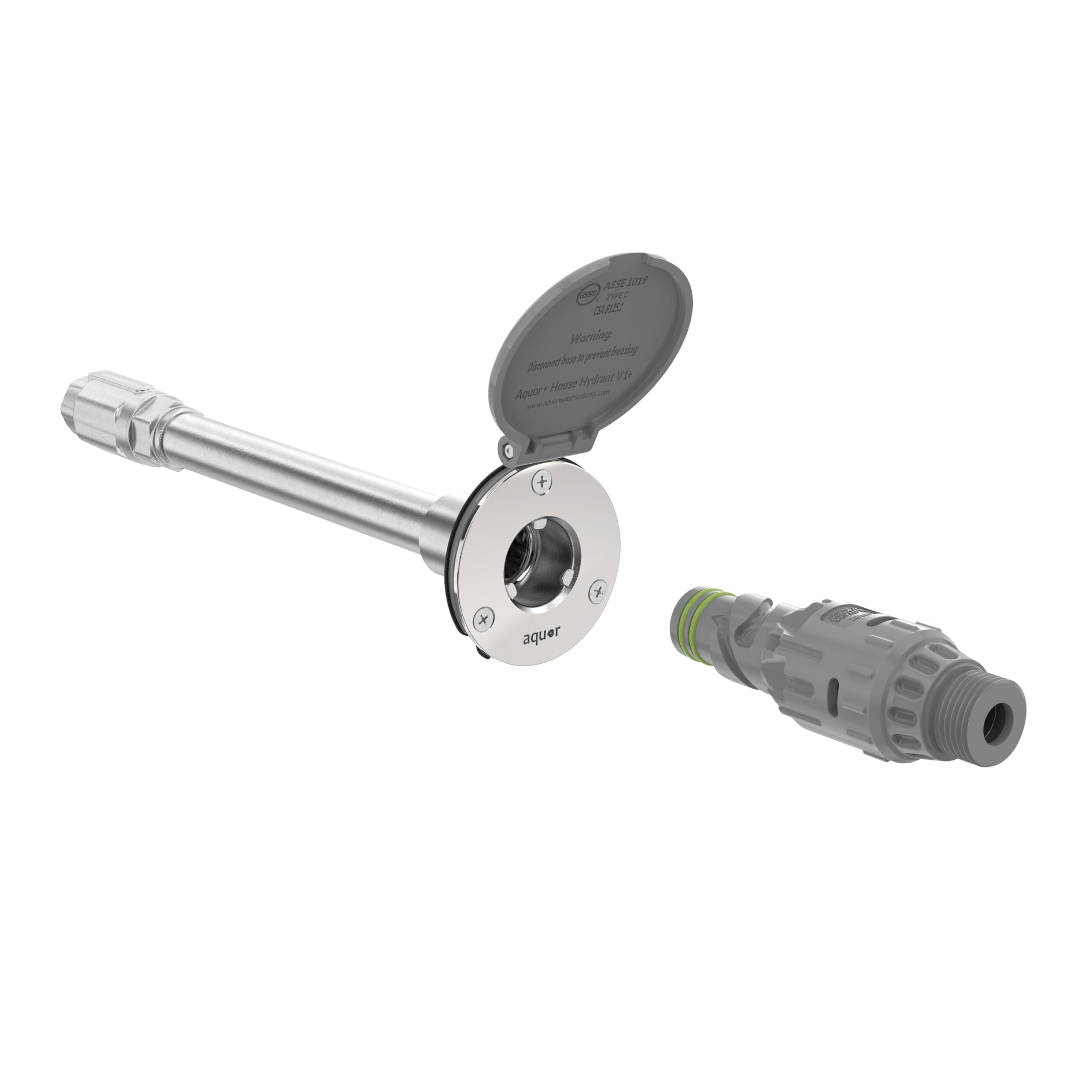 Aquor frente empaquetado mostrando grifo antihielo y accesorios, aspecto profesional