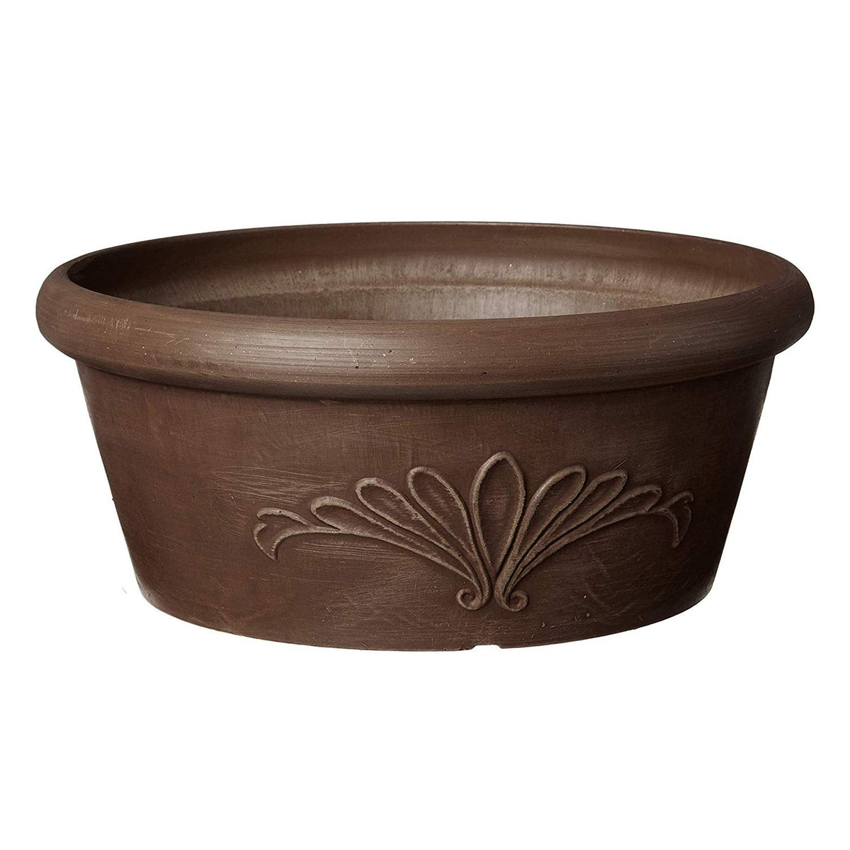 Arcadia Garden Products maceta frontal chocolate con adorno floral, apariencia atractiva