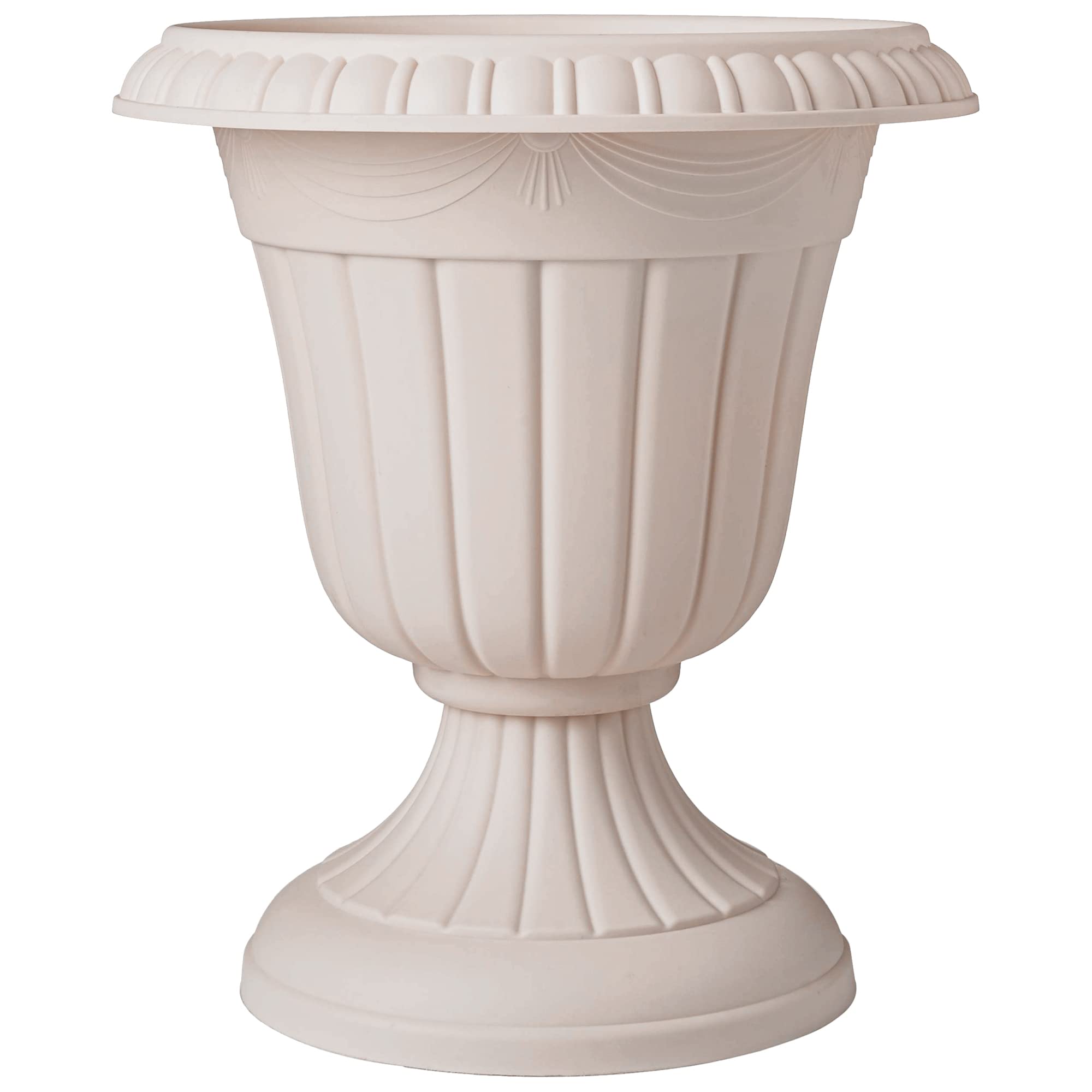 Arcadia Garden Products vista frontal de la urna PL20TP mostrando diseño clásico y acabado taupe