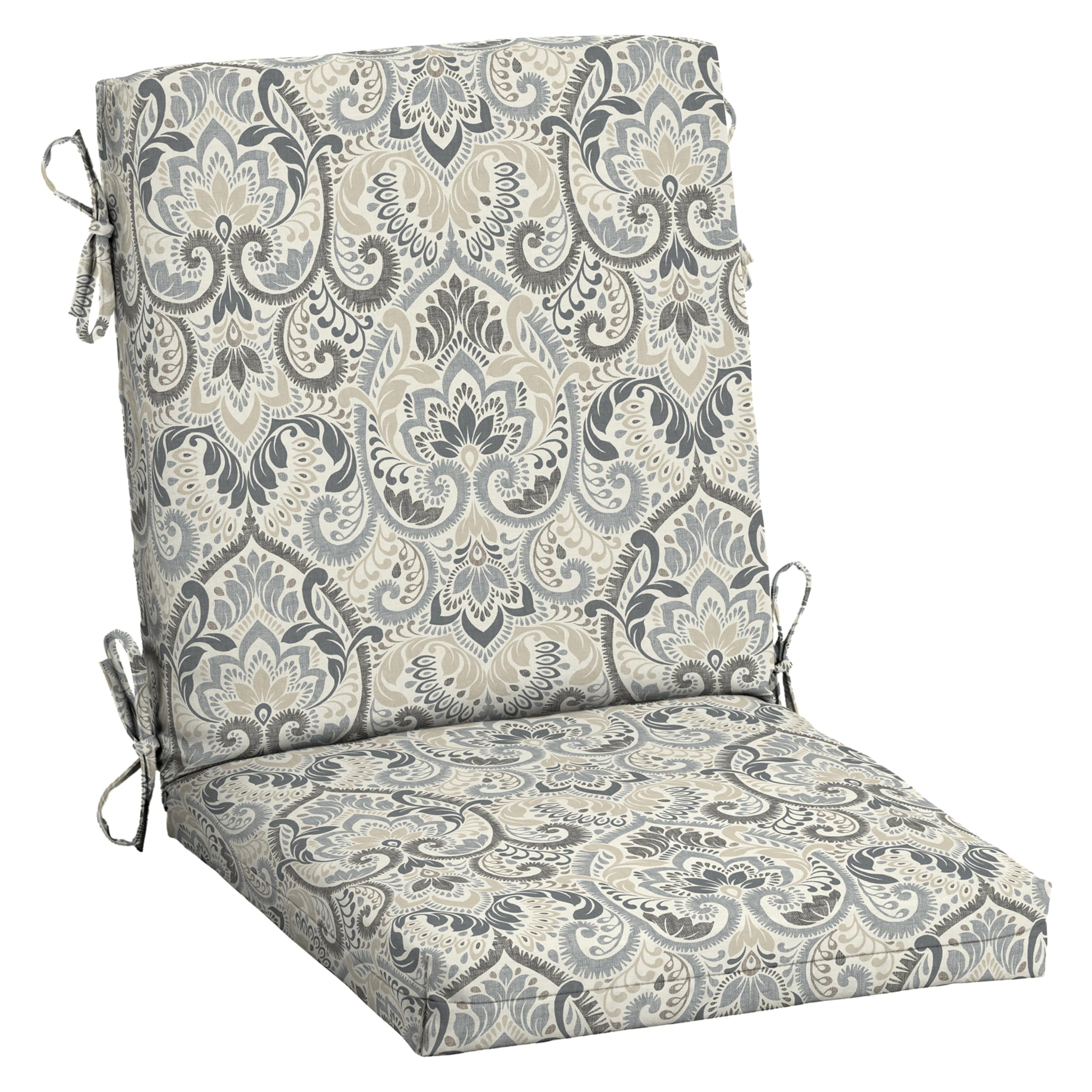 Arden Selections cojín vista frontal mostrando estampado Neutral Damask y beneficio estético