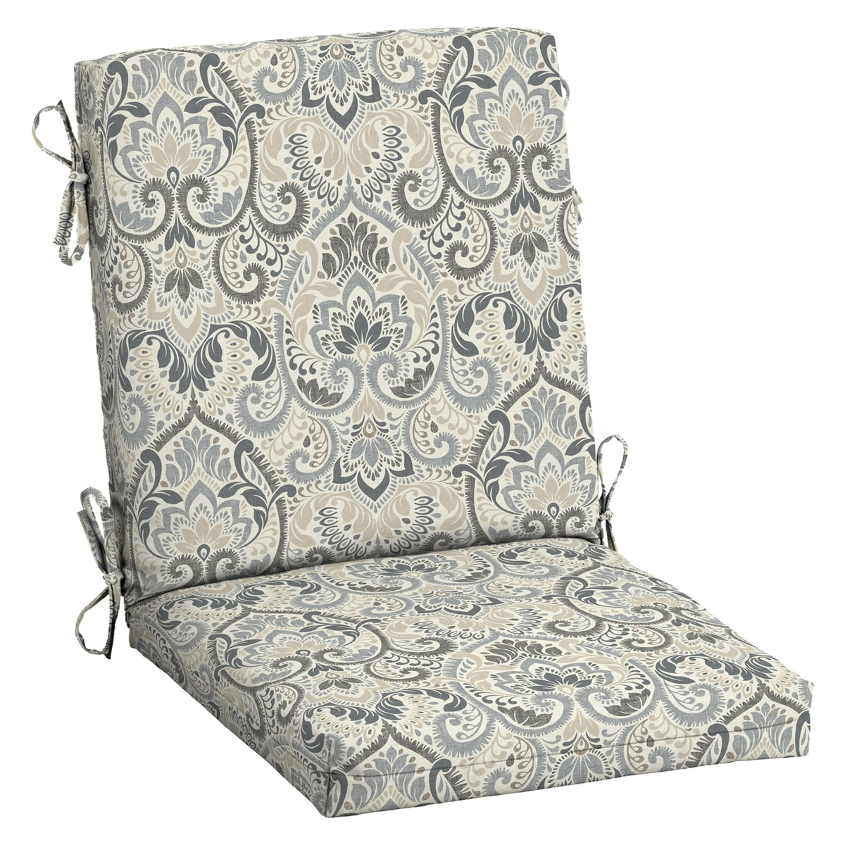 Arden Selections cojín vista frontal mostrando estampado Neutral Damask y beneficio estético