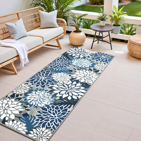 Arenarug alfombra frontal azul floral mostrando diseño y color duradero