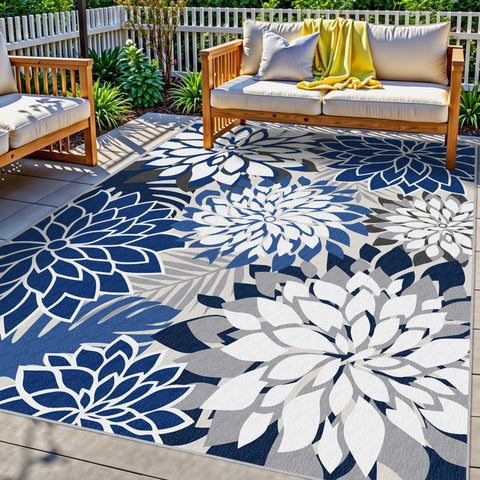 Arenarug alfombra frontal azul con diseño floral que embellece espacios exteriores