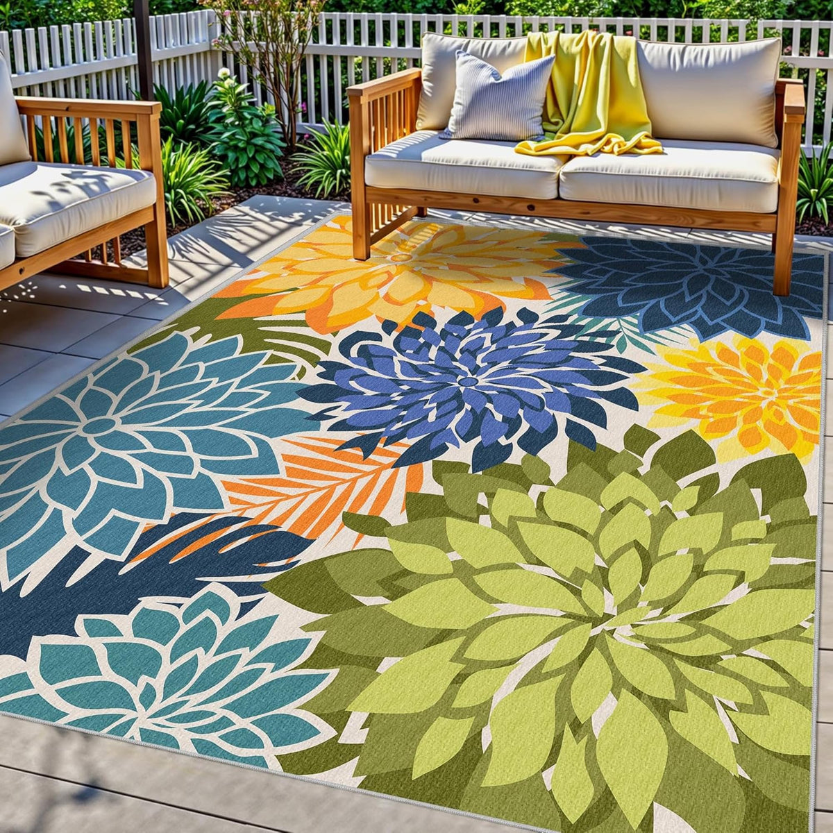 Arenarug alfombra exterior verde frontal mostrando patrón floral y atractivo estético
