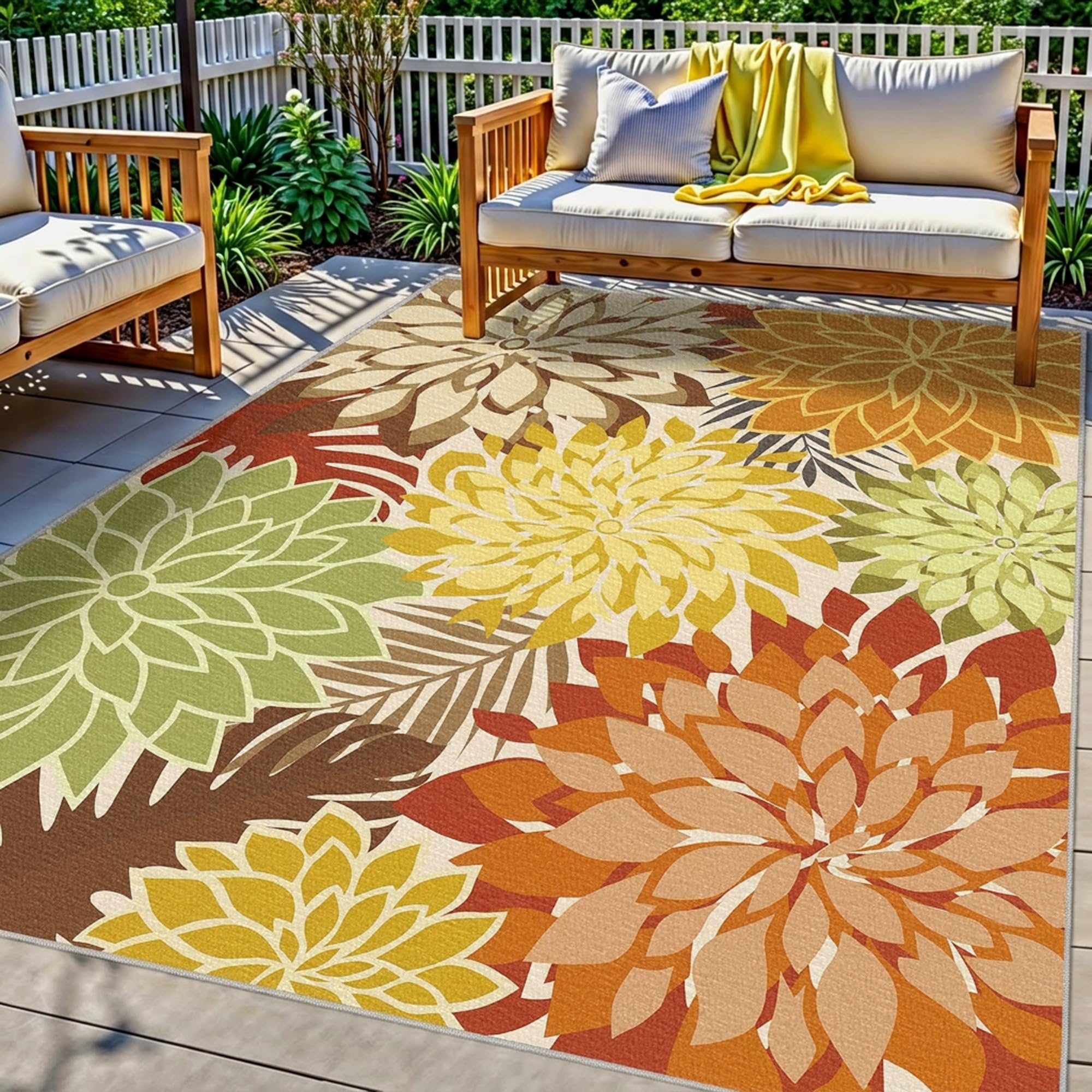 Arenarug vista frontal alfombra naranja floral, aporta color duradero