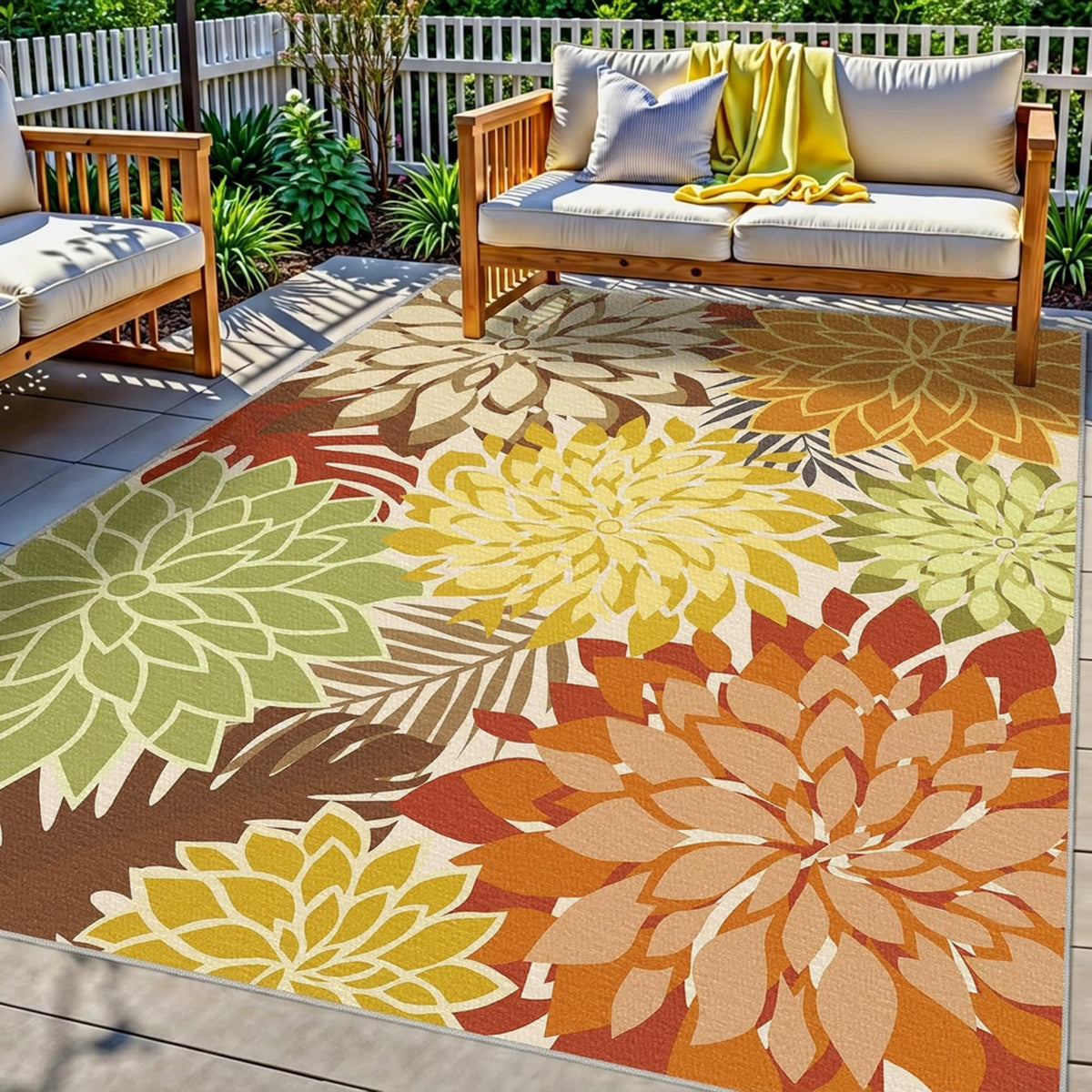 Arenarug vista frontal alfombra naranja floral, aporta color duradero