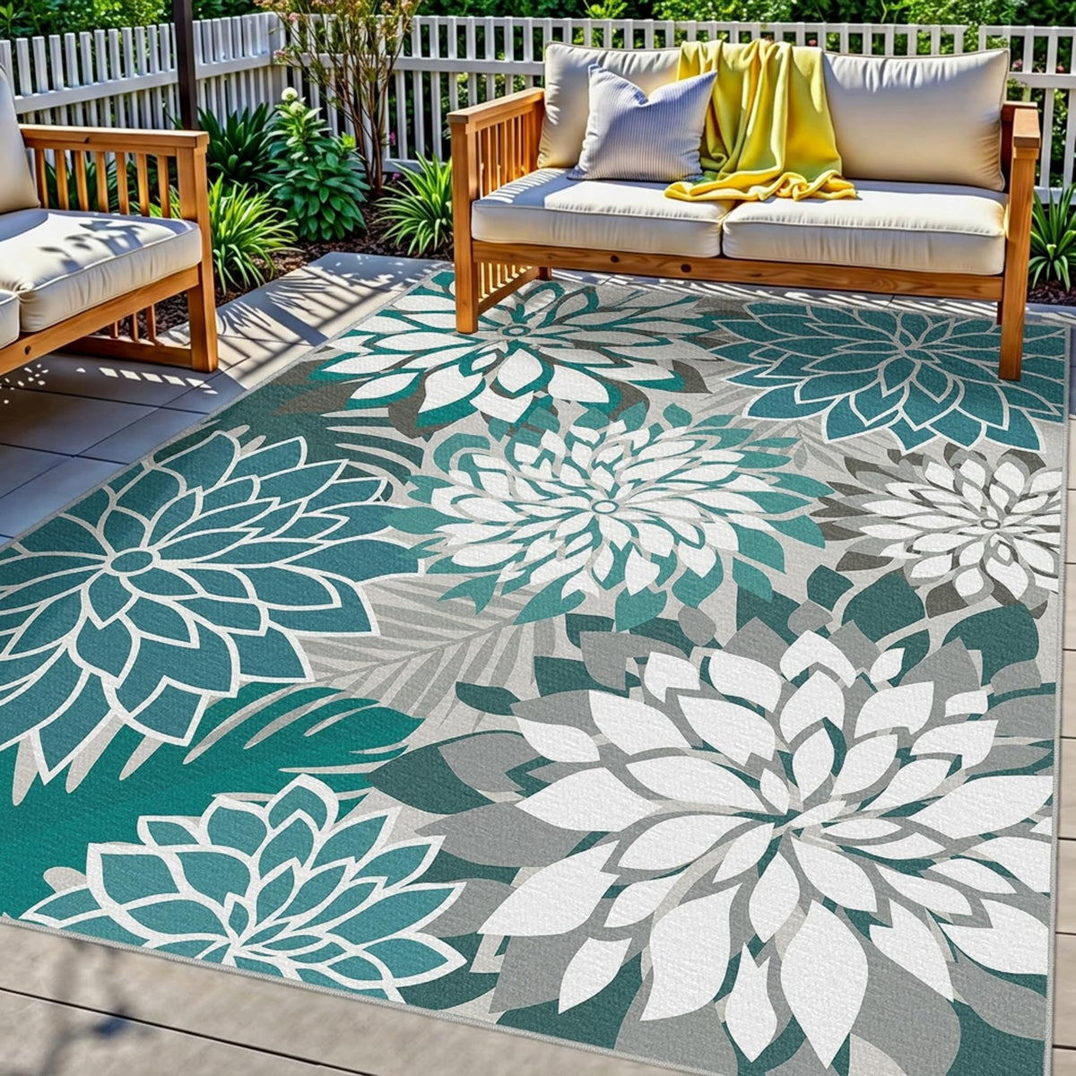 Arenarug vista frontal de la alfombra teal mostrando patrón floral y beneficio estético
