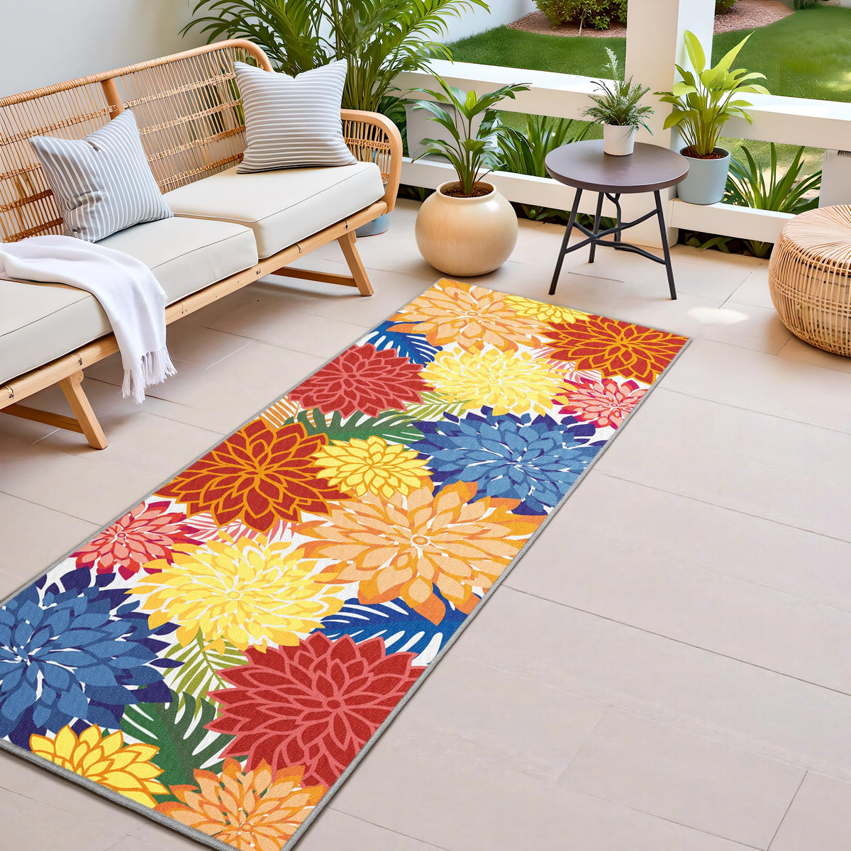 Arenarug vista frontal del pasillo con patrón floral y impacto decorativo