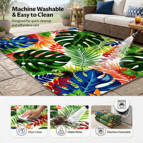 Arenarug close-up del estampado Monstera que añade frescura y color vibrante
