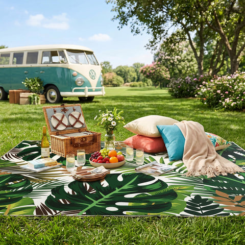 Arenarug detalle estampado hojas Monstera color verde vibrante